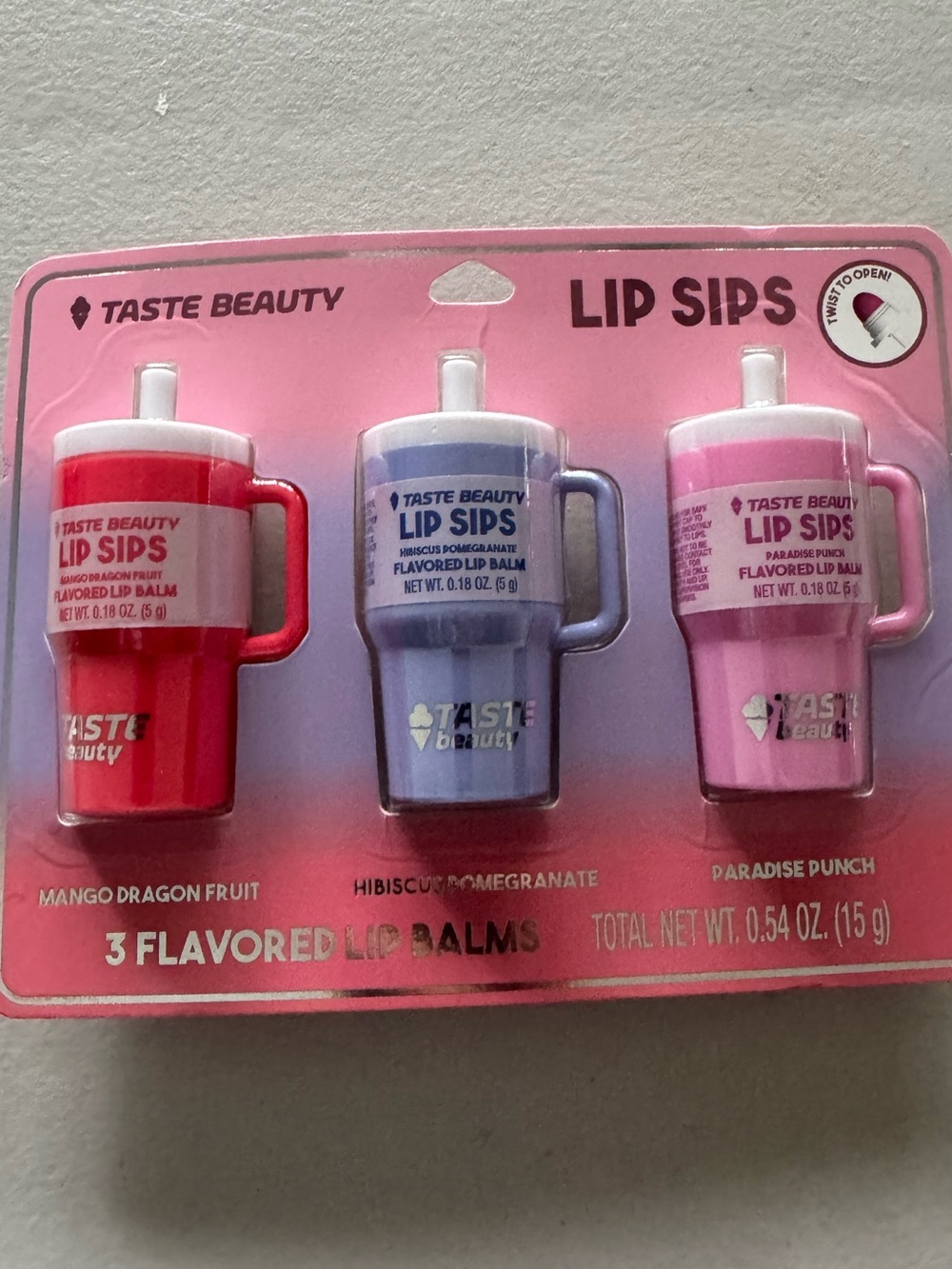 Taste Beauty Lip Sips Trio Lip Balms - Red, Purple, Pink